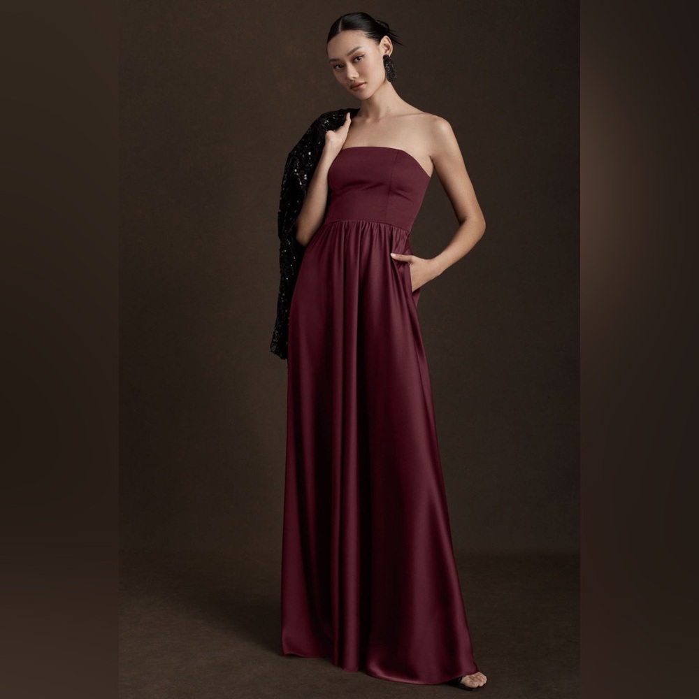 NWT BHLDN Elsie Straight-Neck Satin A-Line Gown (Dark Berry; Size 0)